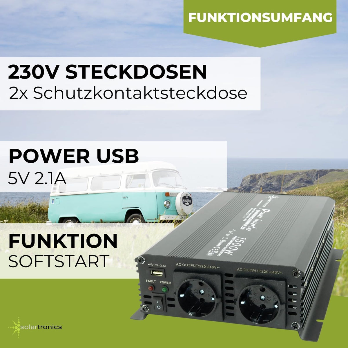 Spanningsomvormer 24 V 1500 3000 Watt 230 V - omvormer voor de mobiele aansluiting van huishoudelijke apparaten ..
