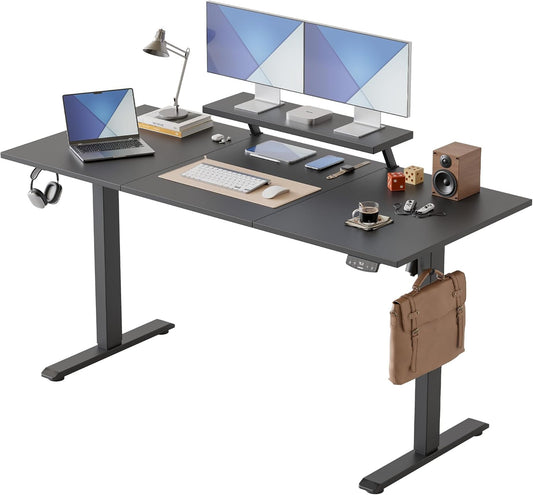 Agilestic Elektrisch in hoogte verstelbaar bureau, 160 x 60 cm, met beweegbare monitorstandaard, sta bureau met 2 geheugentoetsen, 3-delig tafelblad, thuiskantoorbureau, zwart