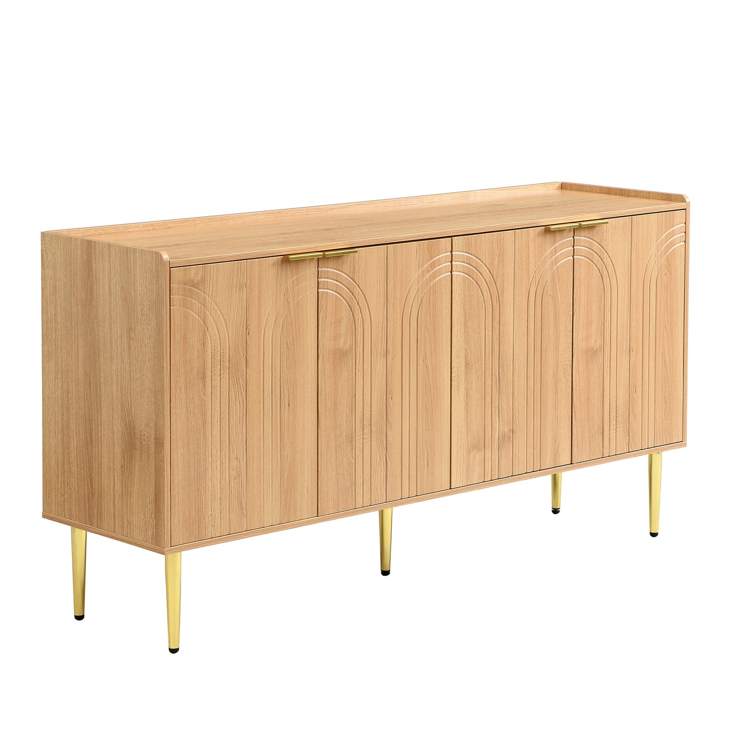 Modern Sideboard – Dressoir – Opbergkast – Wandkast – Kast – Gebogen Reliëfdeuren – Goudkleurige Metalen Poten – 140 cm – Verstelbare Planken
