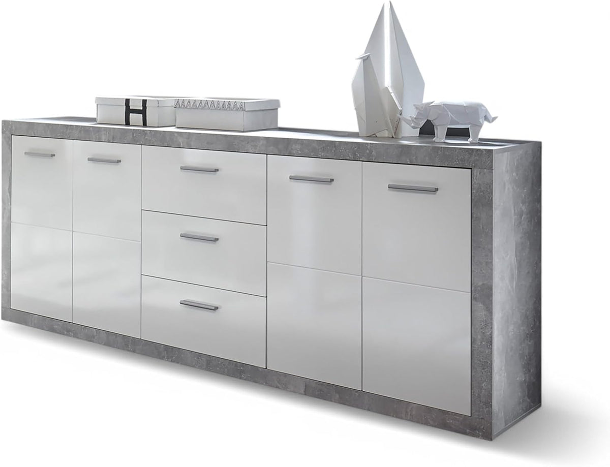 Stella Trading Stone commode met laden in betonlook, wit hoogglans - moderne commode met veel opbergruimte voor je woonkamer