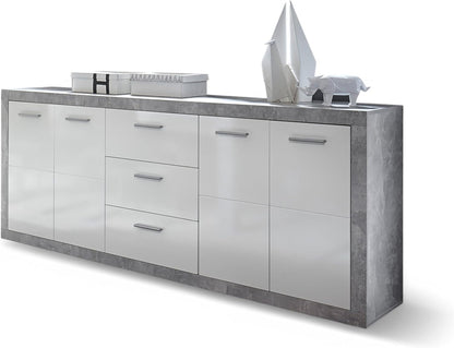 Stella Trading Stone commode met laden in betonlook, wit hoogglans - moderne commode met veel opbergruimte voor je woonkamer