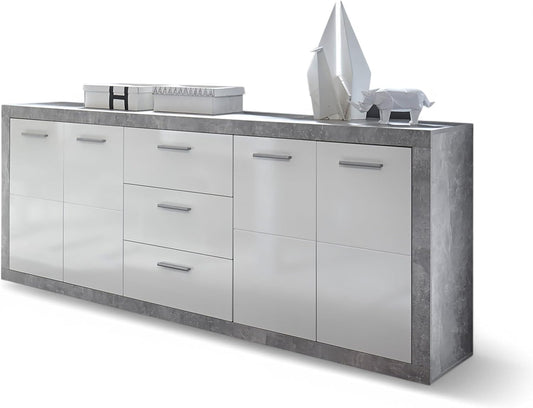 Stella Trading Stone commode met laden in betonlook, wit hoogglans - moderne commode met veel opbergruimte voor je woonkamer