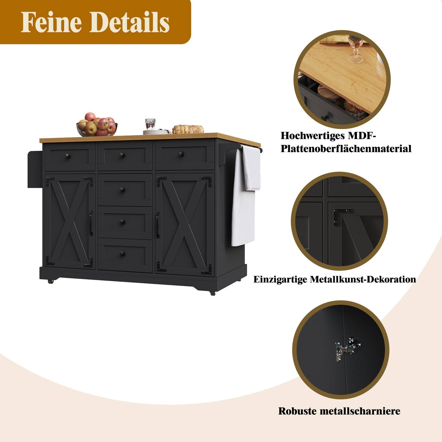 Multifunctionele Keukentrolley – Serveerwagen – Werkbank – Buffetwagen – Opbergmeubel – Zwart Met Metalen Details – Klapsysteem Tot 70 Cm – Mobiel Met Wieltjes