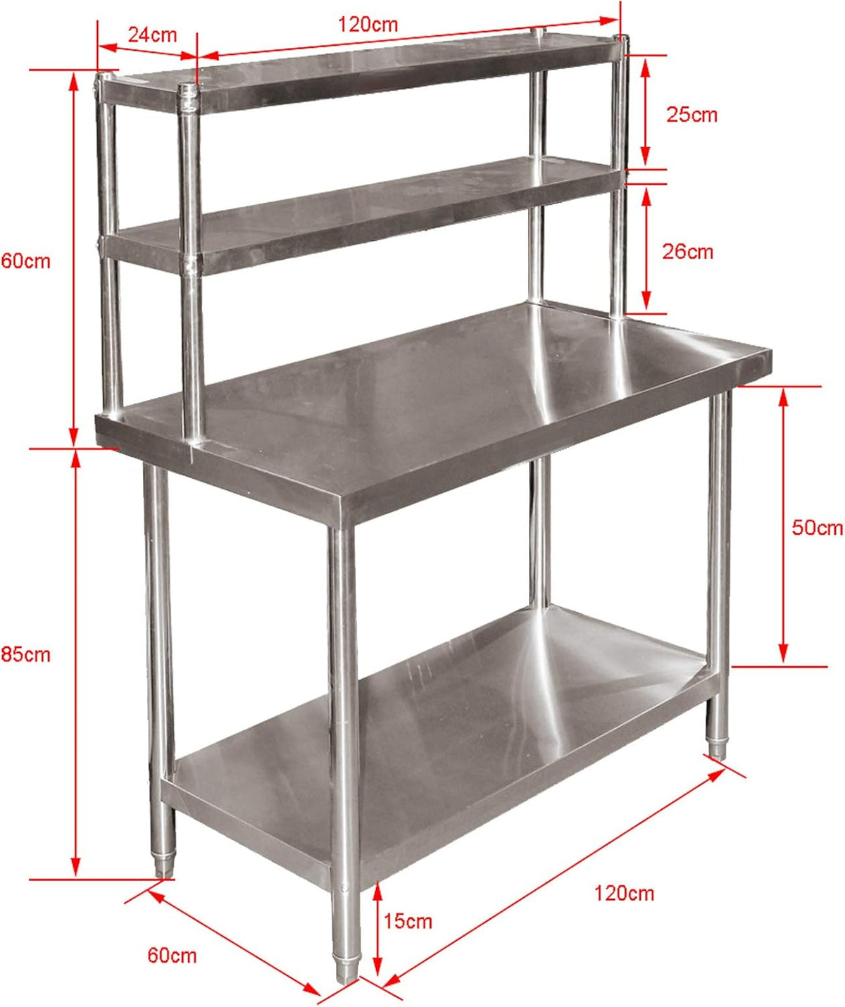 Wiltec werktafel van roestvrij staal 120x60x145 cm tot 120 kg, tafel met twee hoge planken en onderste legplank, roestvrijstalen werkbank met verstelbare tafelpoten en veel ruimte