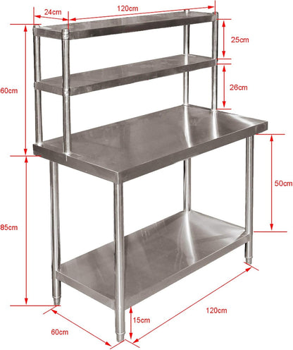 Wiltec werktafel van roestvrij staal 120x60x145 cm tot 120 kg, tafel met twee hoge planken en onderste legplank, roestvrijstalen werkbank met verstelbare tafelpoten en veel ruimte