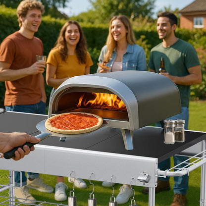 GFTIME 128 x 64 x 78 cm grillwagen serveerwagen voor Weber Q-serie, Ninja Woodfire, pizzaoven, tafelgrill, grilltafel met groot werkblad, outdoor serveerwagen tuin trolley