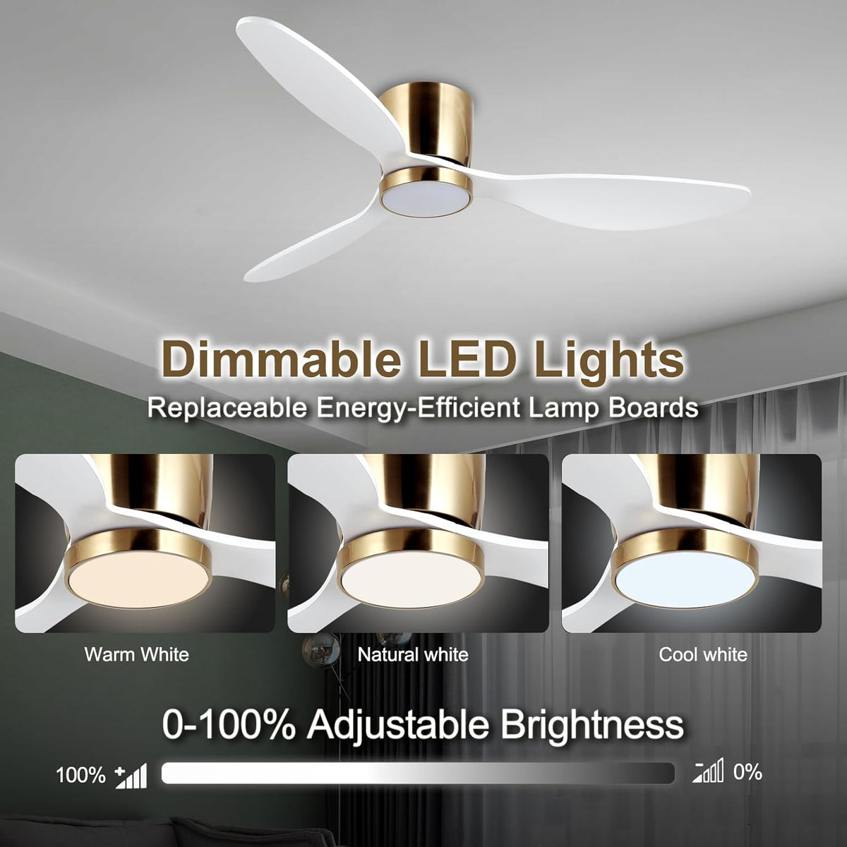 reiga Witte plafondventilator met ledverlichting en afstandsbediening, Ø 132 cm, energiebesparende DC-motor, stil, 3 kleurtemperaturen, 3-vleugels, houten plafondventilator voor slaapkamer, woonkamer
