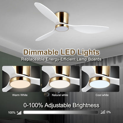 reiga Witte plafondventilator met ledverlichting en afstandsbediening, Ø 132 cm, energiebesparende DC-motor, stil, 3 kleurtemperaturen, 3-vleugels, houten plafondventilator voor slaapkamer, woonkamer
