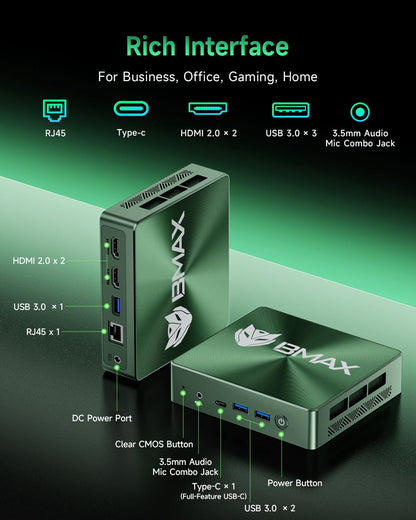 BMAX Mini PC B6 Plus, Intel Core i3-1000NG4 (overtreft N150/N95, tot 3,2 GHz), 12 GB LPDDR4 RAM 512 GB NVMe SSD W-11 Pro, 4K 3-display HDMI/USB-C, wifi, BT mini-computer voor kantoor, thuis, bedrijf