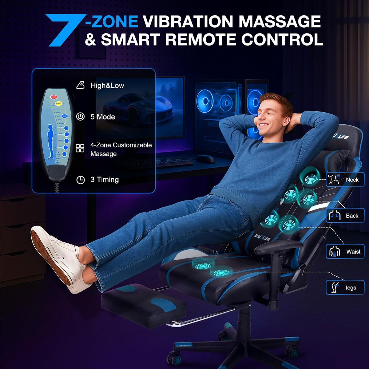 Douxlife Gaming Stoel, met 7-punts Massage, Ergonomische bureaustoel met Voetensteun, 90-175° Rugleuning Instelbaar, Verstelbare 2D-Armleuning, PC-gamerstoel, Bureaustoel, 180 kg, Zwart-blauw
