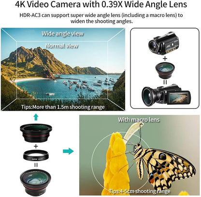 Camcorder 4K-Videocamera – Videocamera – Vlogcamera – HD-Camcorder – 4K-Camera – IR-Nachtzicht – WiFi-Bediening Met Microfoon, LED-Videolamp En Groothoeklens