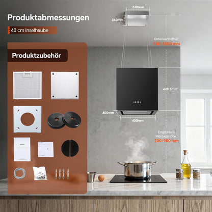 SNDOAS Afzuigkap, 40 cm, zwart, 800 m³/uur, A+, energie-efficiëntie, 3 snelheden, met boost-ledverlichting