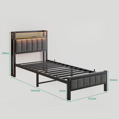 Bedframe met led, laadstation, eenpersoonsbed, logeerbed, metalen bed, gestoffeerd bed, 90 x 200 cm, bedframe van metaal, jeugdbed met lattenbodem, hoofdeinde in grijs, voor slaapkamer en