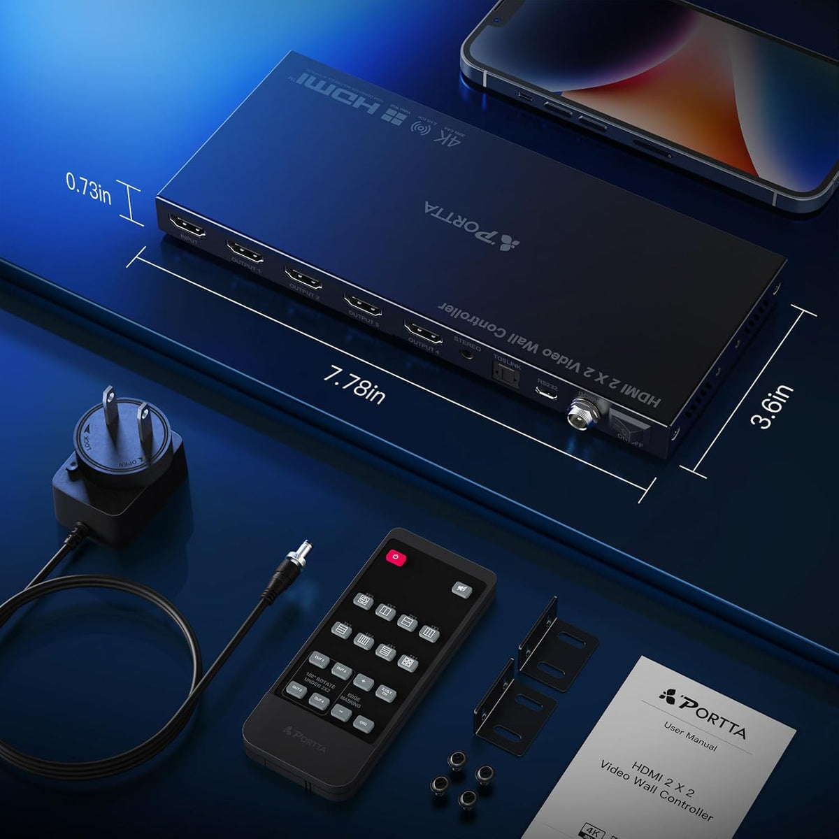 HDMl Video Wall Controller 2x2 4K, PORTTA Video Wall Processor met 11 splicing modi, RS232, 180° Rotate, audio extractor, 2x2,1x2,1x3,1x4,2x1,3x1x4x1, 4 tv-schermen in 1 wanddisplay
