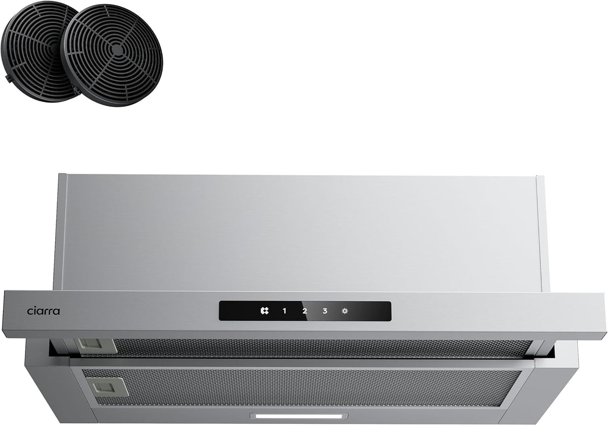 CIARRA CBCS6909A A+ afzuigkap 60cm, 600 m³/h,3 standen, geïntegreerde platte afzuigkap, met CBCF055 actieve koolfilter, zilver - QUORE