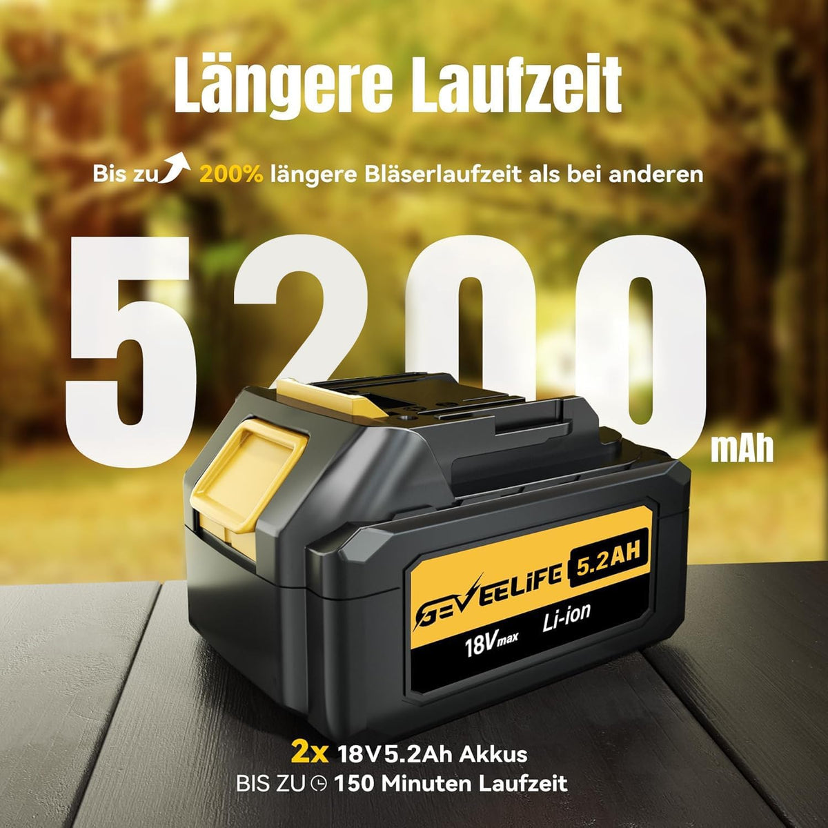 GEVEELIFE Accu-bladblazer, 18 V, 257 km/u, elektrische bladblazer met 3 versnellingen en 2 x 5,2 Ah accu's, draadloze bladblazer voor tuin, bladeren, stof en sneeuw (inclusief batterij), geel
