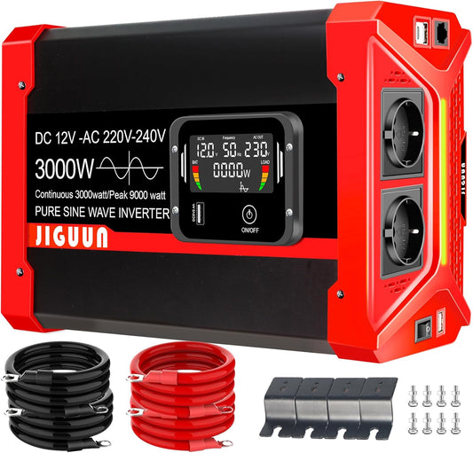 3000W Zuivere Sinusomvormer – Omvormer – Inverter – Spanningsomzetter – Power Converter – 12V Naar 230V – Afstandsbediening Met LCD – 9000W Piekvermogen - QUORE