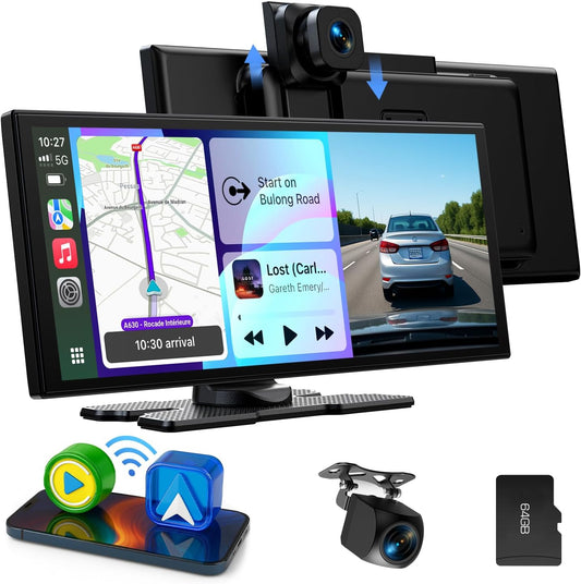 LAMTTO Wireless CarPlay Android Car Display 10.25 inch In-Cell Touch Screen Car Play with Dashcam 2.5K + 1080p Voice Control, Maps Navigation Bluetooth FM AUX Loop Recording 64GB TF Card - QUORE