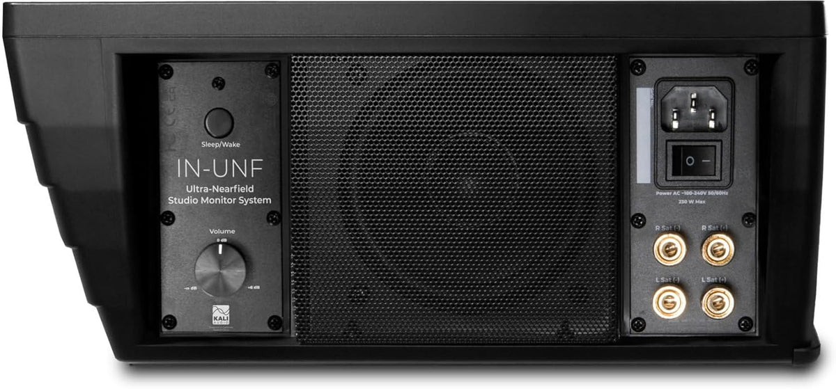 Kali Audio IN-UNF, Ultra Nearfield Monitoring System, nieuw luidsprekersysteem, desktopomgevingen, afmetingen subwoofer: 49,4 x 15,8 x 13,3 cm, zwart