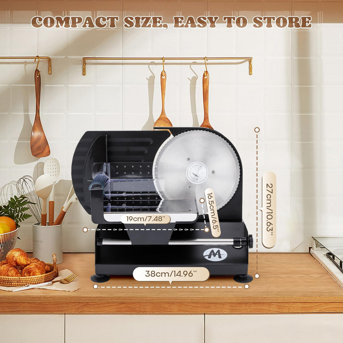 Moongiantgo Allessnijder, elektrische broodsnijmachine met 2 afneembare roestvrijstalen messen van 7,3 inch, 1-20 mm instelbare snijdikte, snijmachine, kiche voor worst, vlees, kaas, groenten (220 W)