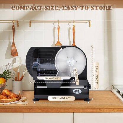 Moongiantgo Allessnijder, elektrische broodsnijmachine met 2 afneembare roestvrijstalen messen van 7,3 inch, 1-20 mm instelbare snijdikte, snijmachine, kiche voor worst, vlees, kaas, groenten (220 W)
