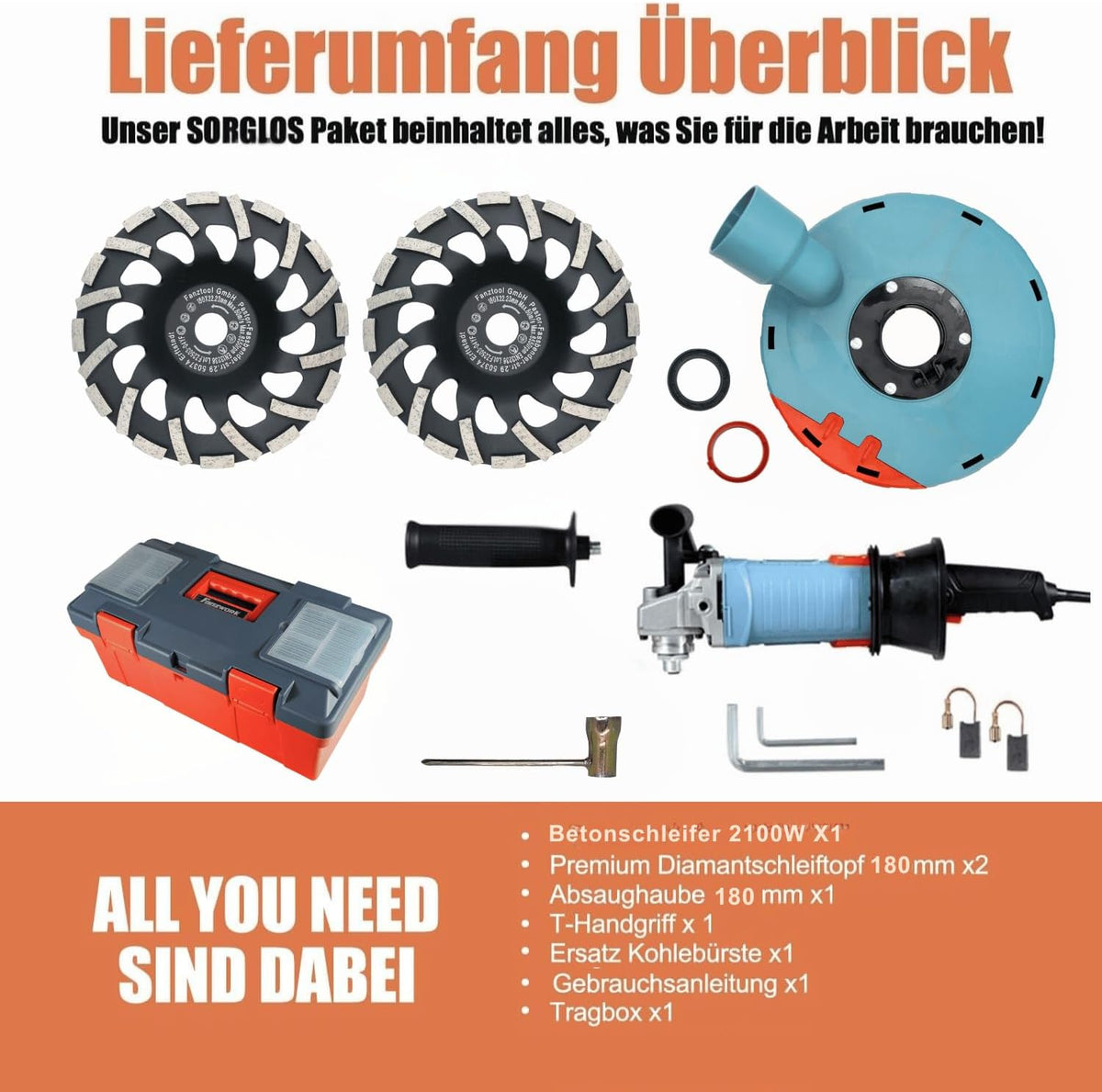 FANZWORK 2100 W/180 mm betonschuurmachine, betonfrees, incl. premium 180 mm diamantslijpkop *2, afzuigkap, T-vormige handgreep