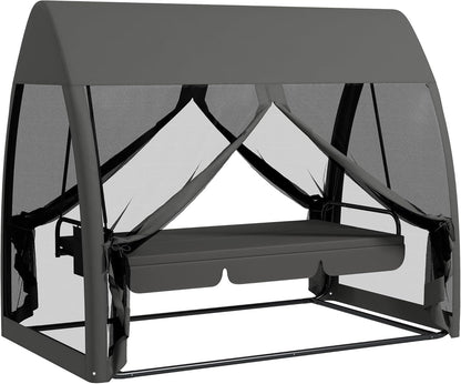 Outsuuny 2 in 1 Hollywoodschaukel mit Liegefunktion 3-Sitzer Gartenschaukel mit Baldachin, Mückennetz, Schaukelbank belast bis 300 kg, Gartenliege für Garten, Terrasse, 240 x 140 x 197 cm, Grau - QUORE