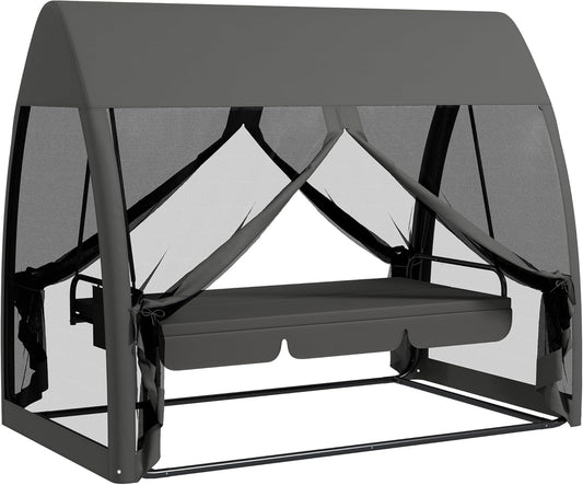 Outsuuny 2 in 1 Hollywoodschaukel mit Liegefunktion 3-Sitzer Gartenschaukel mit Baldachin, Mückennetz, Schaukelbank belast bis 300 kg, Gartenliege für Garten, Terrasse, 240 x 140 x 197 cm, Grau - QUORE