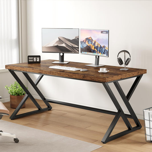 LVB Rustiek computerbureau, metalen houten bureau voor thuiskantoor, industrieel eenvoudig studiebureau voor schrijfwerk, houten student gaming computer pc-tafel met opbergruimte voor slaapkamer, 140