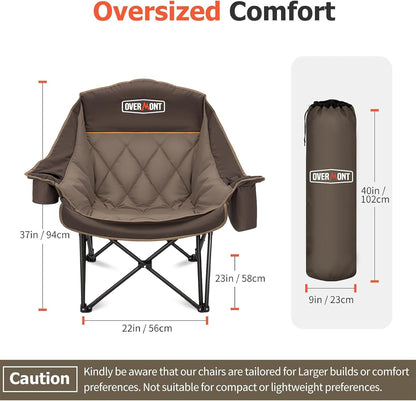 OVERMONT Extra grote inklapbare campingstoel, campingsofa, belastbaar tot 204 kg, opvouwbare campingstoel, gevoerd met bekerhouder, koeltas, hoge rugleuning, voor outdoor, indoor, camping, tuin, kaki
