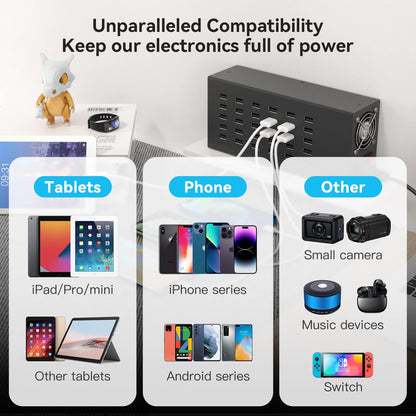 Laadstation voor meerdere apparaten, 30-poorts 300W/60A USB-laadstation, 30-in-1 USB-oplaadhub, meerdere USB-laadstations voor iPhone, iPad, Samsung, tablets en andere elektronica