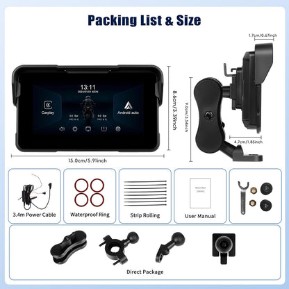 Draagbaar CarPlay GPS-scherm voor motorfietsen met draadloze CarPlay Android Auto, 5 inch navigatie voor motorfietsen, waterdicht IP68 met Bluetooth Siri TF-poort + bandenspanningsdetectie