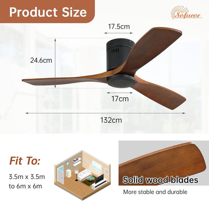 Sofucor Plafondventilator met Afstandsbediening, 132cm Plafondventilator van Massief Hout, 6 Snelheden, Timer, DC-motor, Zomer-wintermodus, Stille Ventilator voor Slaapkamer