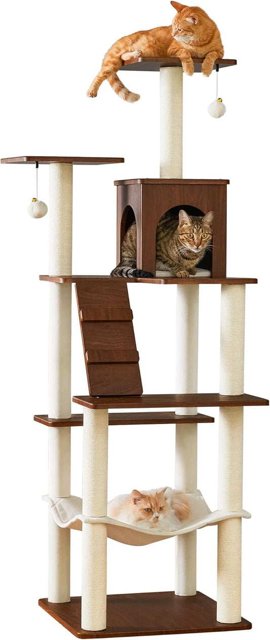 Grote Moderne Kattenboom - 178 cm Hoge Speeltoren voor Katten, Kattenmeubel met 7 Volledig Omwikkelde Krabpalen, 2 Ruime Platforms, Hangmat, Afneembaar Kussen en Pluche Ballen, Notenhout Bruin