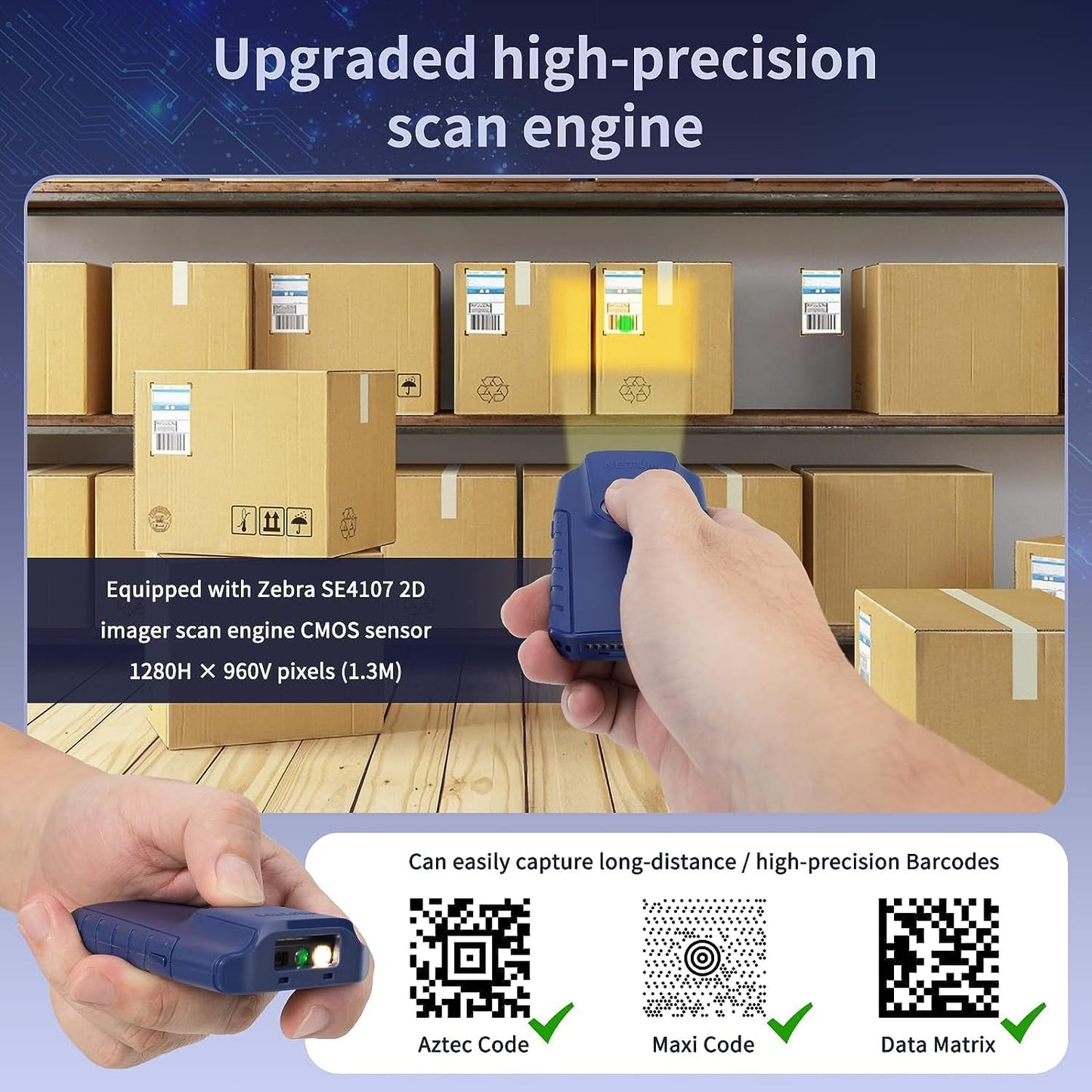 NETUM E950 Bluetooth 2D-barcodescanner, 3-in-1 Kleine Draagbare QR-barcodelezer Automatische Draadloze Pistoolscan Terug Clip Werken met Tablet iOS Android Windows MacOS voor Magazijninventaris POS