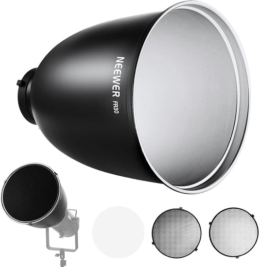 Diepe Focus Reflector – Studioreflector – Flitsreflector – Lichtkap – Diffuser – Standaard Fitting – 29,5 Cm – 15°/30° Honingraatroosters en 45° Gerichte Lichtbundel