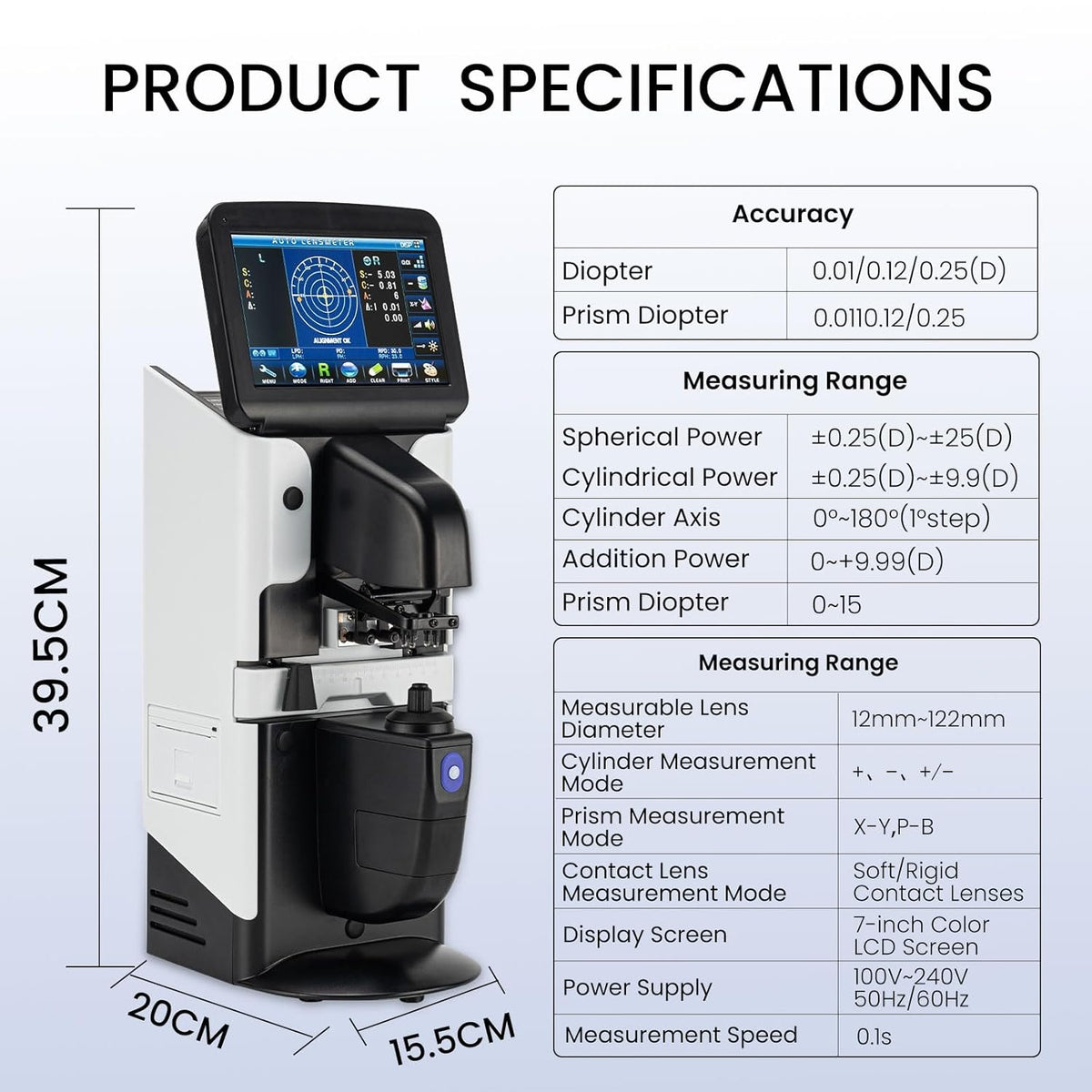 LCD Lensometer Focimeter Lens Meter 7 inch Screen Touchscreen Focimeter Nieuwe Digitale Auto PD UV Printer PD Meter JD-2600A