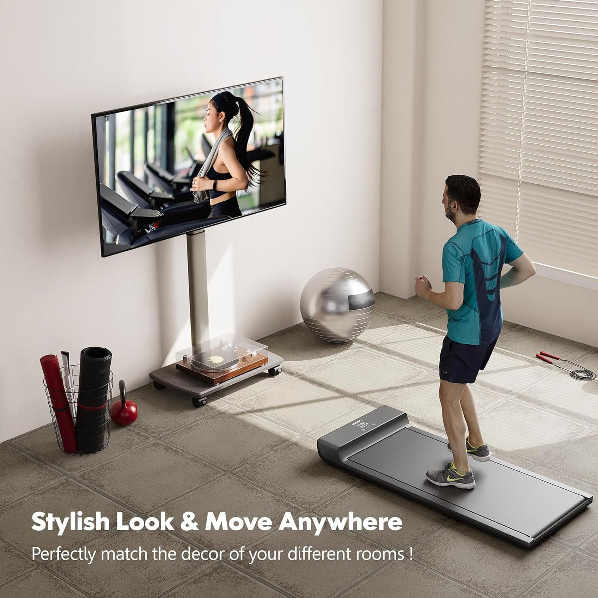 Fitueyes Tv-vloerstandaard, rolbaar, met houten plank, tv-standaard met wielen, in hoogte verstelbaar, draaibaar, voor 32 tot 70 inch (81 - 180 cm) flatscreen, tot 40 kg Maximaal VESA: 400 x 600 mm.