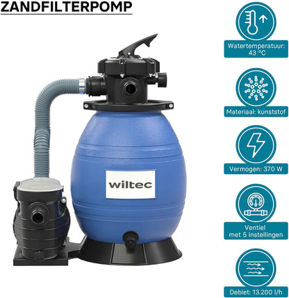 Wiltec zandfiltersysteem 370 W met 26 liter filtertank en zelfaanzuiging 13.200 l/h poolpomp