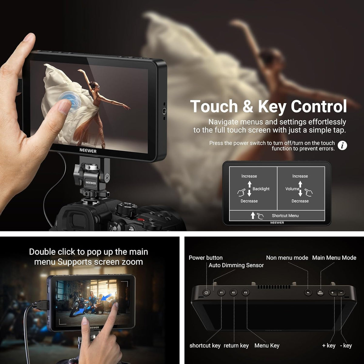 NEEWER F600 7 inch camera veldmonitor, 2400nit HD 1920x1080 IPS-touchscreen met 3D LUT, 4K HDMI-lus/uitgang met Peak Focus DSLR Video Assist HDR-golfvorm, koude schoenhouder, batterij niet inbegrepen
