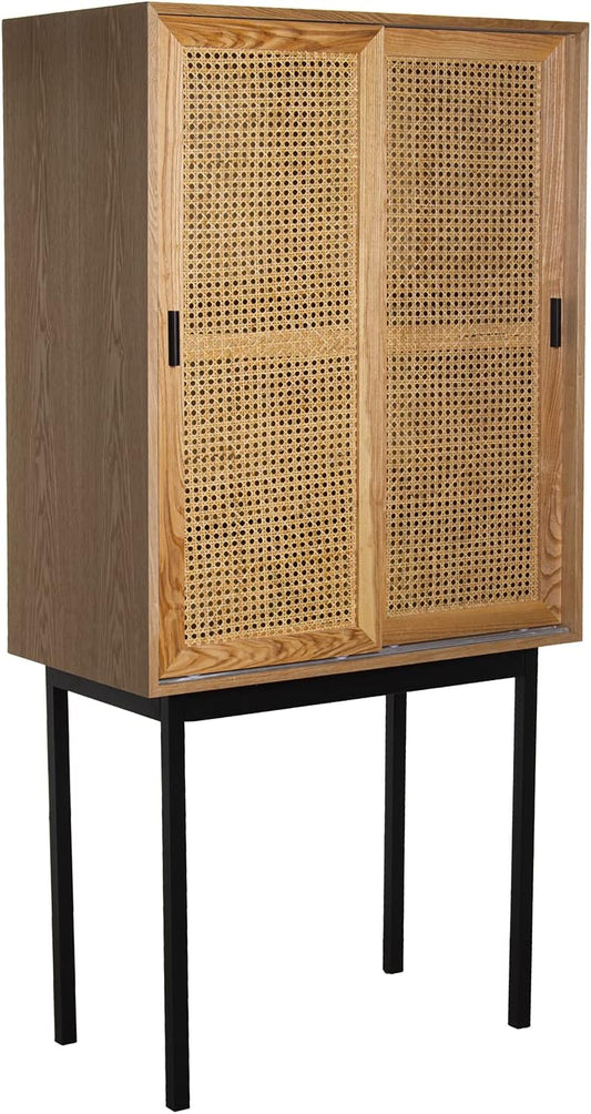 DRW Dressoir met 2 schuifdeuren van MDF, wilgentenen en metaal in natuur en zwart, 76 x 40 x 154 cm