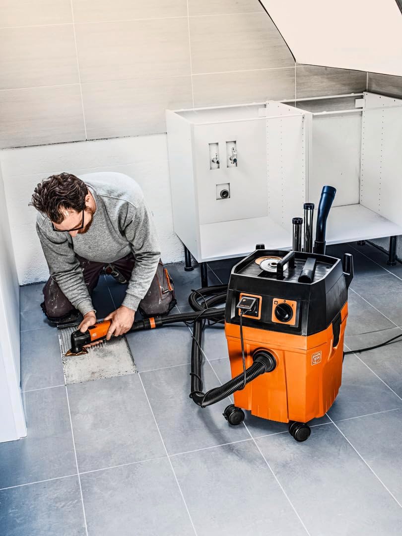 FEIN Dustex 35 l, krachtige nat-/droogzuiger voor de aansluiting van elektrisch gereedschap in de werkplaats en bij de montage.
