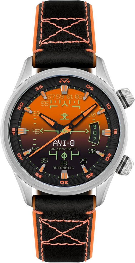 AVI-8 Heren 44mm Hawker Harrier HUD automatisch horloge met rubber/lederen band AV-4117