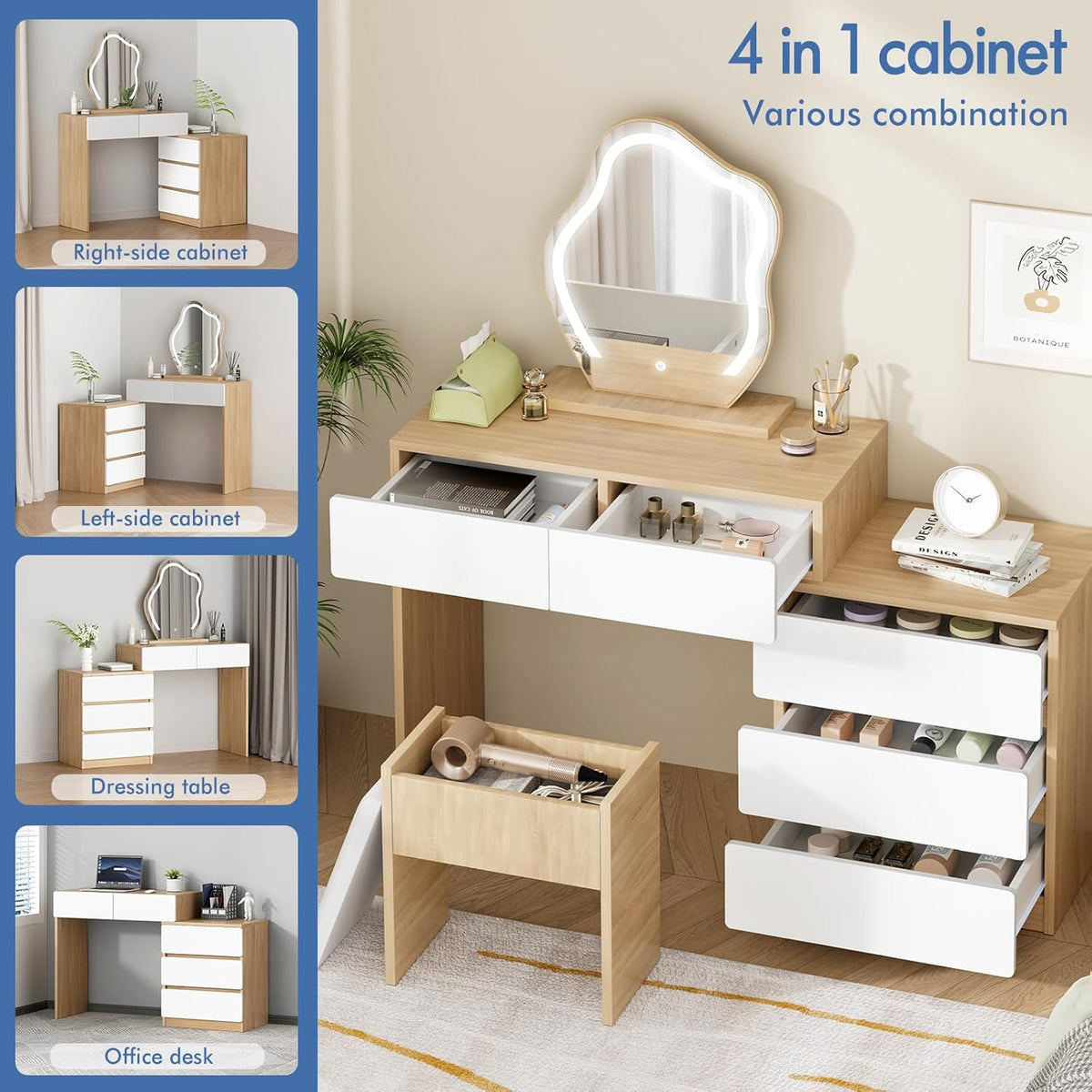 Make-uptafel – Kaptafel – Schminktisch – Make-up Bureau – Beautytafel – Wolkenvormige Spiegel – 10 Verstelbare LED-Lampen – Ruime Laden Met Kruk Opbergruimte
