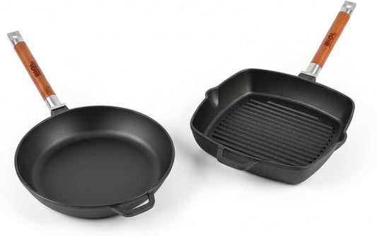 BIOL Cast Iron Pan Set + Grill Pan Round and Square (Parent Frying Pan Set 26 cm + Grill Pan 26 cm) - QUORE