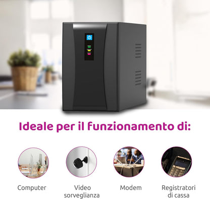 Ononderbroken UPS 1200 VA Line Interactive Melchioni MK | Bescherming tegen blackout en spanningsschommelingen, 2 batterijen 12 V, geaarde stopcontacten, ideaal voor pc, router, DVR, NVR