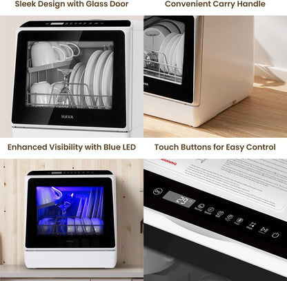 HAVA Tabletop dishwasher, mini dishwasher with 6 programs and built-in 5 litre water tank, no connection required, baby supplies and air drying function for homes and motorhomes