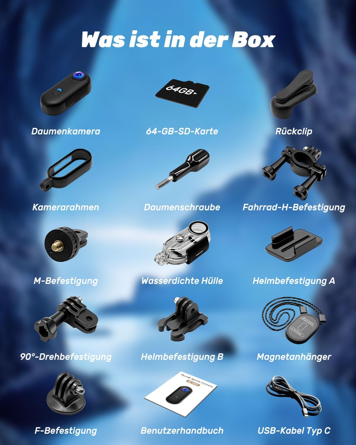 Actioncamera 4K met 64 GB SD, BodyCam-lichaamscamera Mini magnetische handsfree POV-camera met 360° draaibare clip, 30 m waterdichte behuizing voor skiën, helmcamera, vlog
