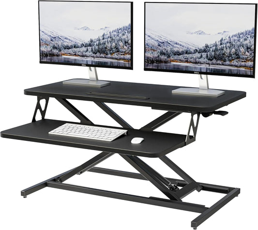 ERGOMAKER In hoogte verstelbare staande bureau converter - 80cm (32 inch)breed Platform tafelblad werkstation - snel zitten om te staan Desk Riser voor Dual monitoren, Zwart