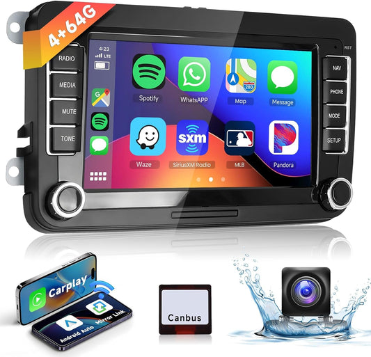 4G & 64G 7" autoradio Bluetooth voor VW Golf 5 6 Polo Passat Skoda Touran Seat Draadloos Carplay Android Auto, WiFi GPS Navi HiFi RDS/FM Radio 2 din met AHD achteruitrijcamera/DVR/Canbus